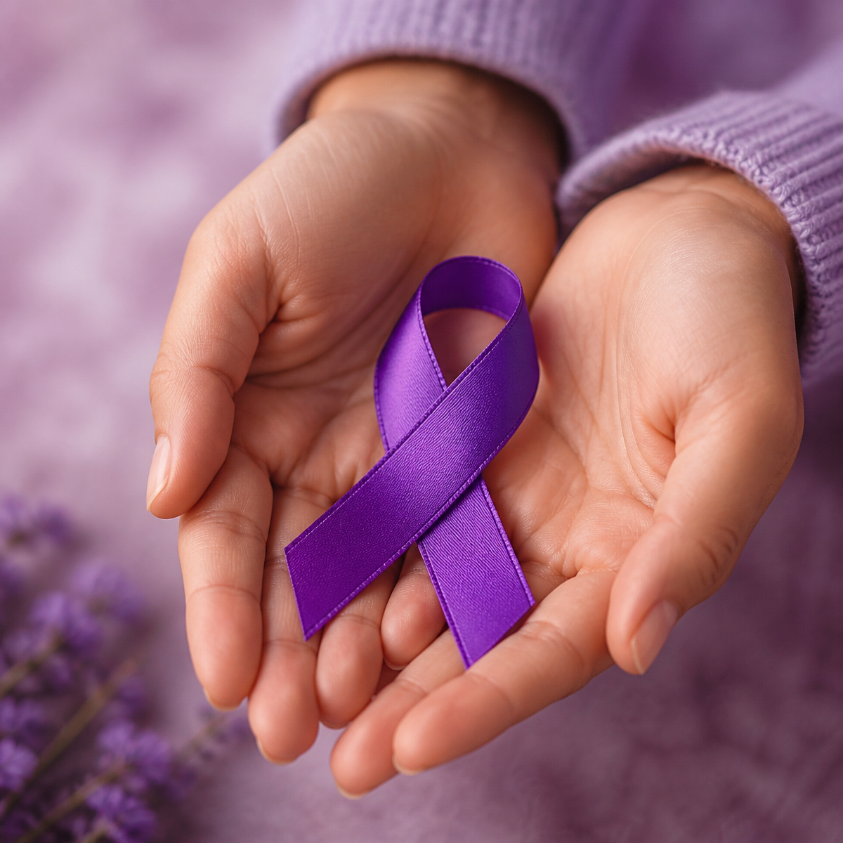 Hands holding a purple lupus awareness ribbon